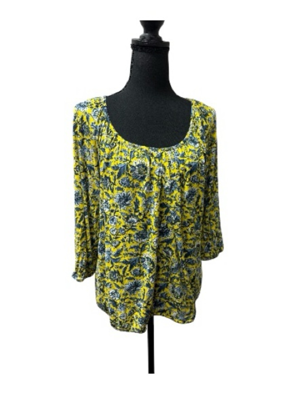 Michael Kors Yellow Blue Floral Peasant Top Large Boho Stretch Blouse - Picture 1 of 7